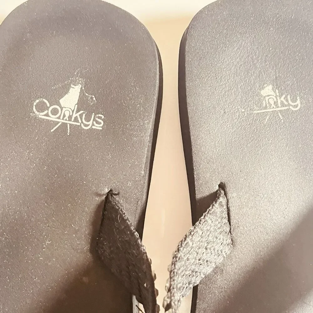 Corkys Madeline Flip Flop Clear Rhinestones On Black Fabric Straps Size 8 W/box - Picture 6 of 7